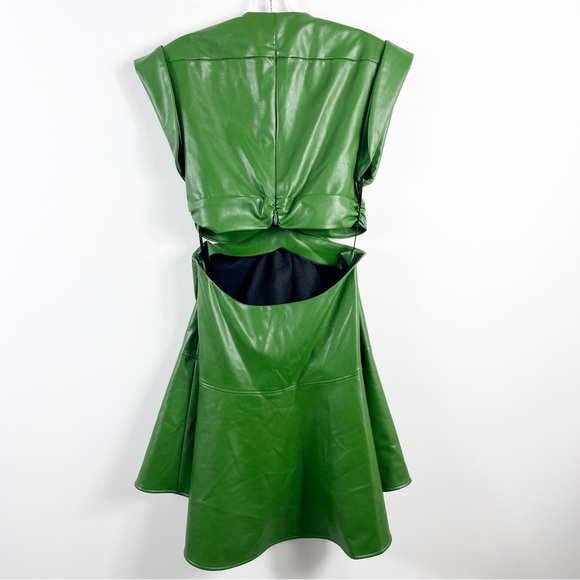 A.L.C. Lexi Faux Leather Cut Out Mini Flounce Hem Dress Size 6 Forest Green - Picture 11 of 13